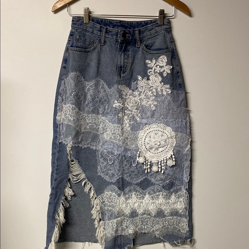 Embroidered Denim Skirt with Lace Accents Distressed